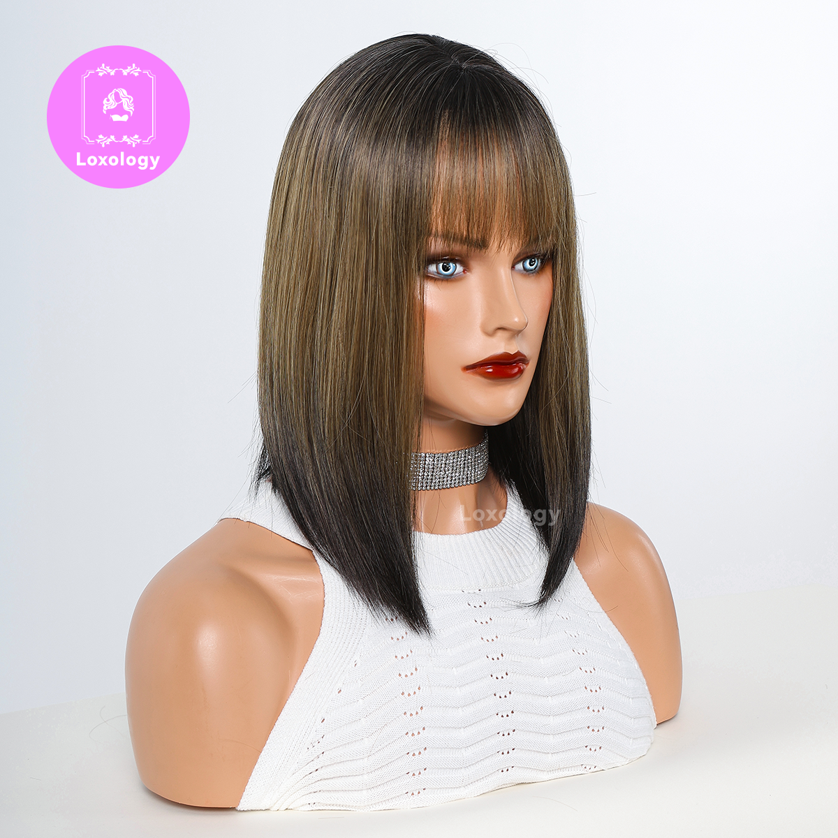 【Oona】Loxology | 14 Inches Long Straight Blonde Ombre Black Wigs Bangs Synthetic Wigs Women's Wigs for Daily