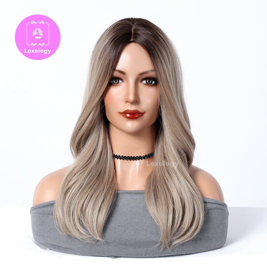 【Harmony】Loxology | 16 Inch Curly Champaign Blonde Wig with Black Roots Synthetic Wig
