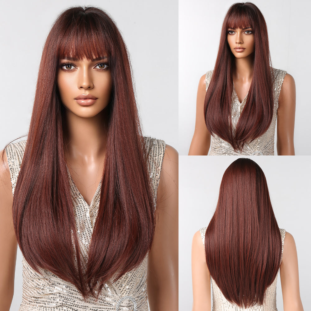 【Morwenna】Loxology | 28 inch Long straight wigs black ombre wine red Wigs with bangs wigs