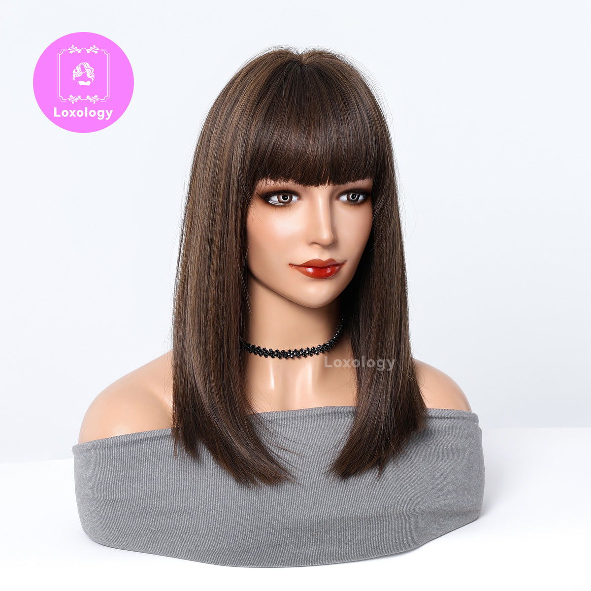 【Nia】Loxology | 16 Inches Long Straight Brown Black Wigs with Bangs Synthetic Wigs