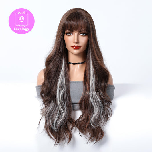 【Paloma】Loxology | 26 Inch Curly Brown wirh Bangs and Blonde Highlight Women's Wigs