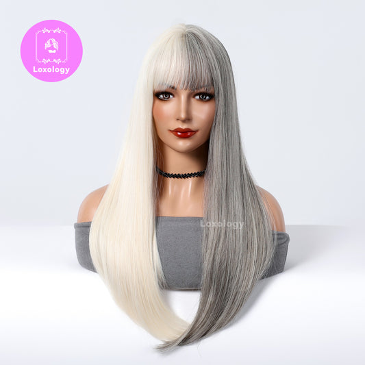 【Calliope】Loxology | 26 Inch Long Straight Blonde and Grey Wigs with Bangs Synthetic Wig