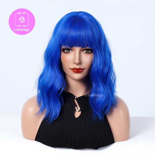 【Juliet】Loxology | 14 Inch blue with bangs wigs Bob Synthetic Wigs for Women Daily