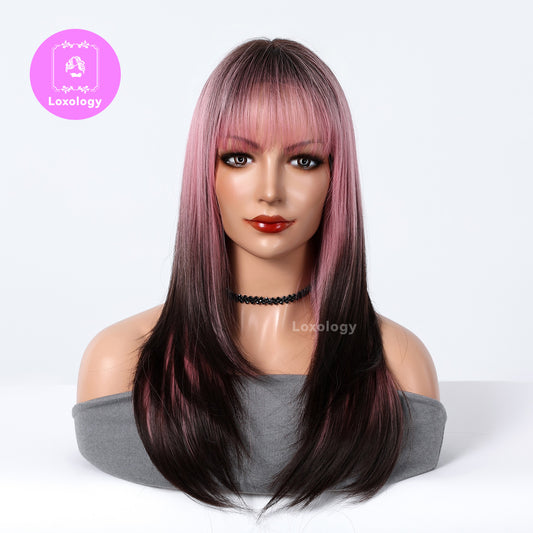 【Evadne】Loxology |  26 Inches Long Straight Pink Gradient Black with Bangs Synthetic Wigs