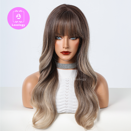【Skyla】Loxology | Long curly wigs brown ombre blonde with bangs wigs