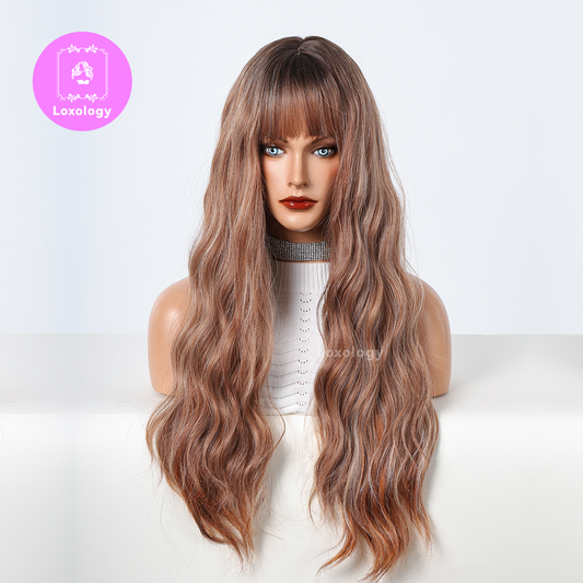 【Nyla】Loxology | 30 inch Long Brown Mixed Gray Wavy Wig