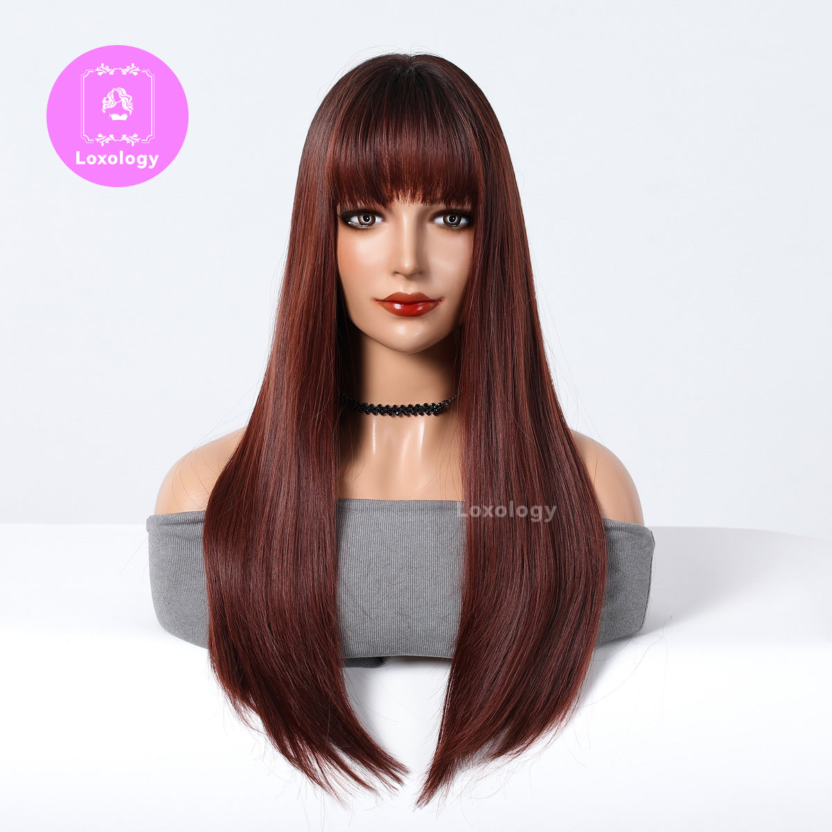 【Morwenna】Loxology | 28 inch Long straight wigs black ombre wine red Wigs with bangs wigs