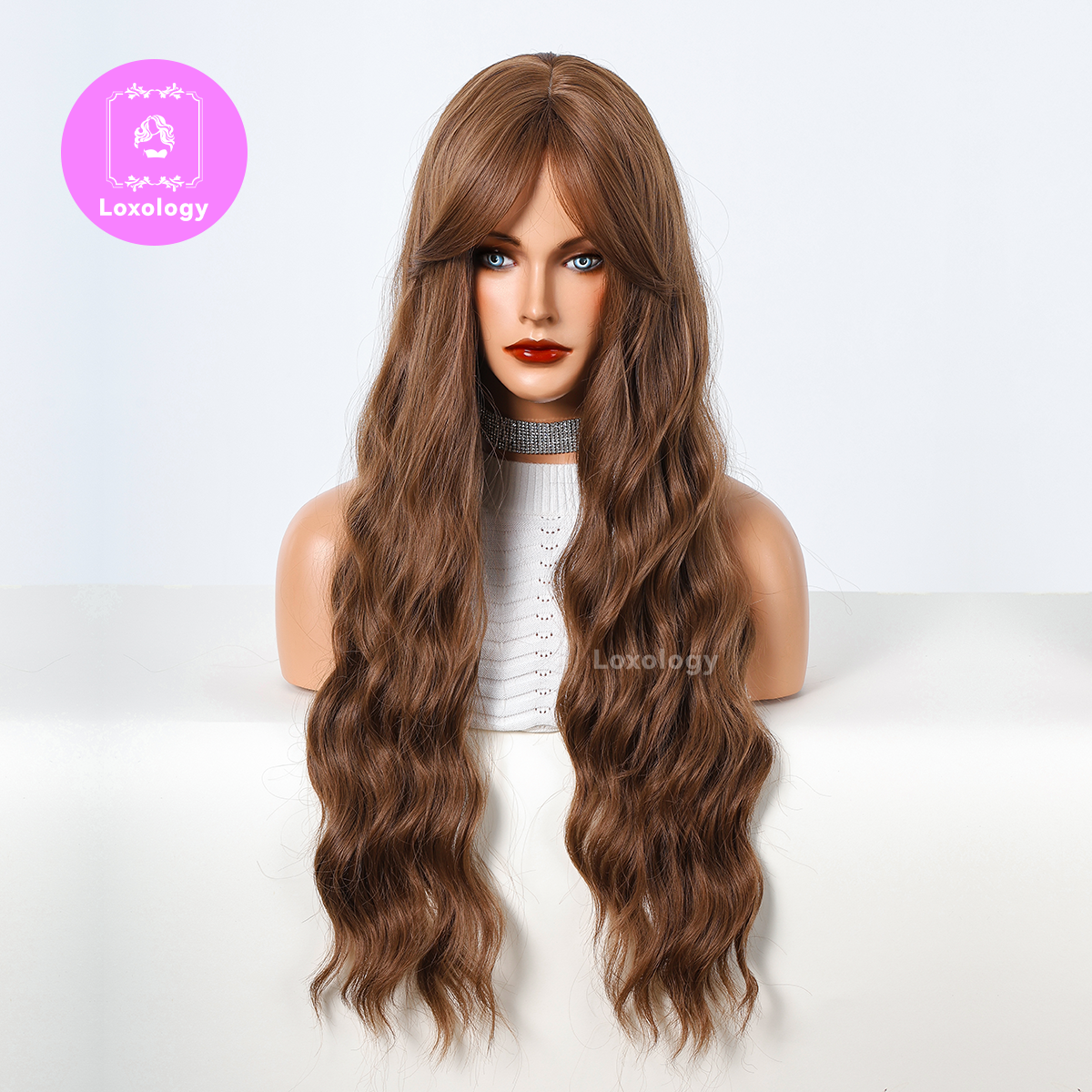 【Luna】Loxology | 28 Inch long curly Wigs brown with bangs wigs