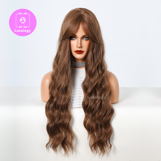 【Luna】Loxology | 28 Inch long curly Wigs brown with bangs wigs