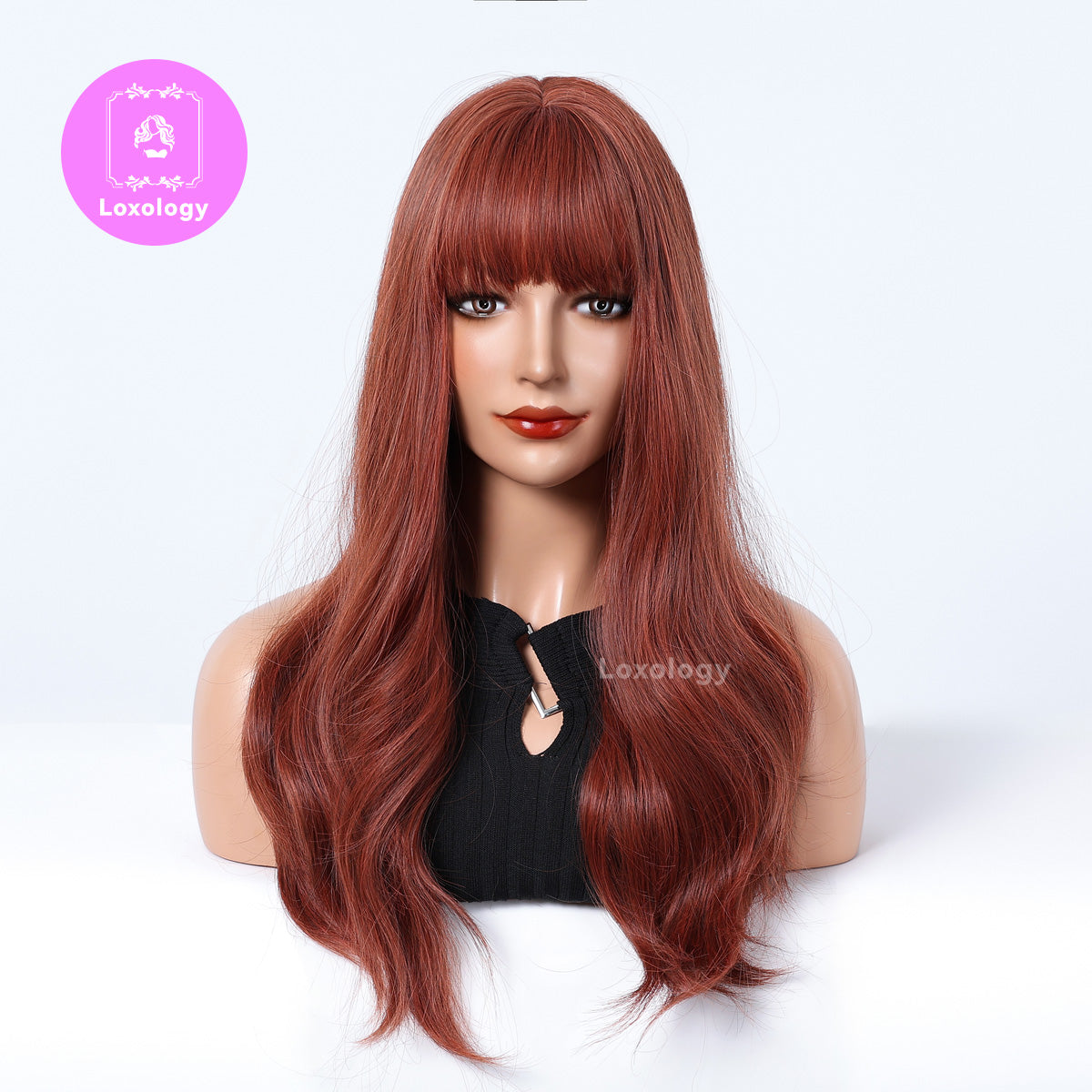 【Kenna】Loxology | 24 Inches Long Curly Wine Red Wigs with Bangs Synthetic Wigs