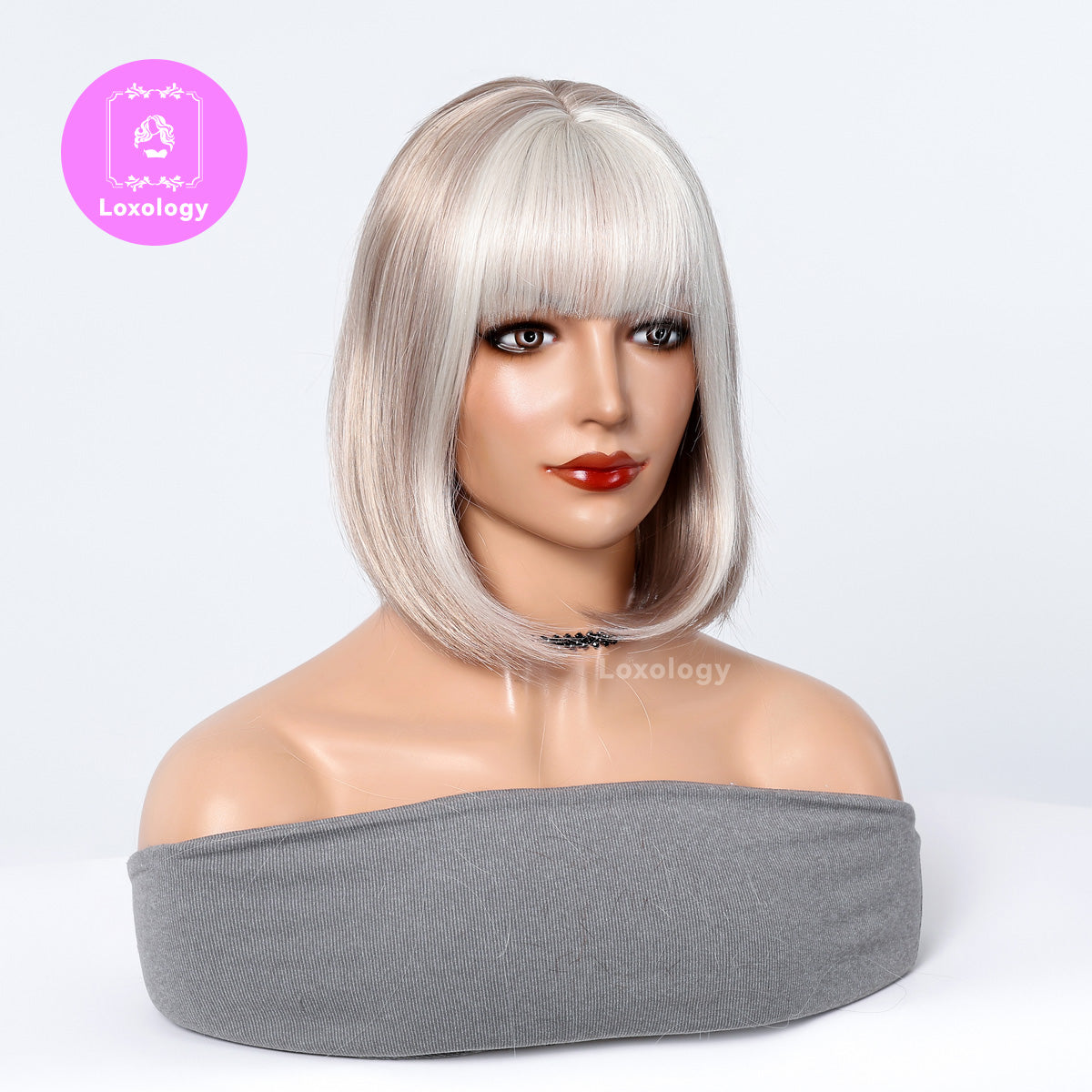 【TBlaire】Loxology | 12 Inch Long Straight Blonde Wigs with White Bangs Synthetic Wigs