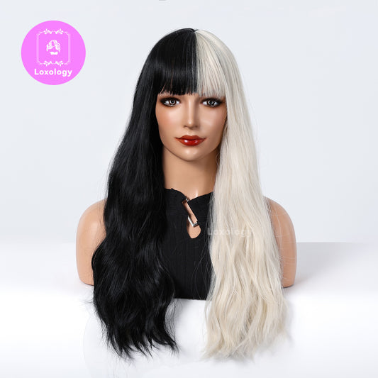 【Iris】Loxology | 24 Inch Black And White Long Wavy Wigs for Women  Synthetic Wigs