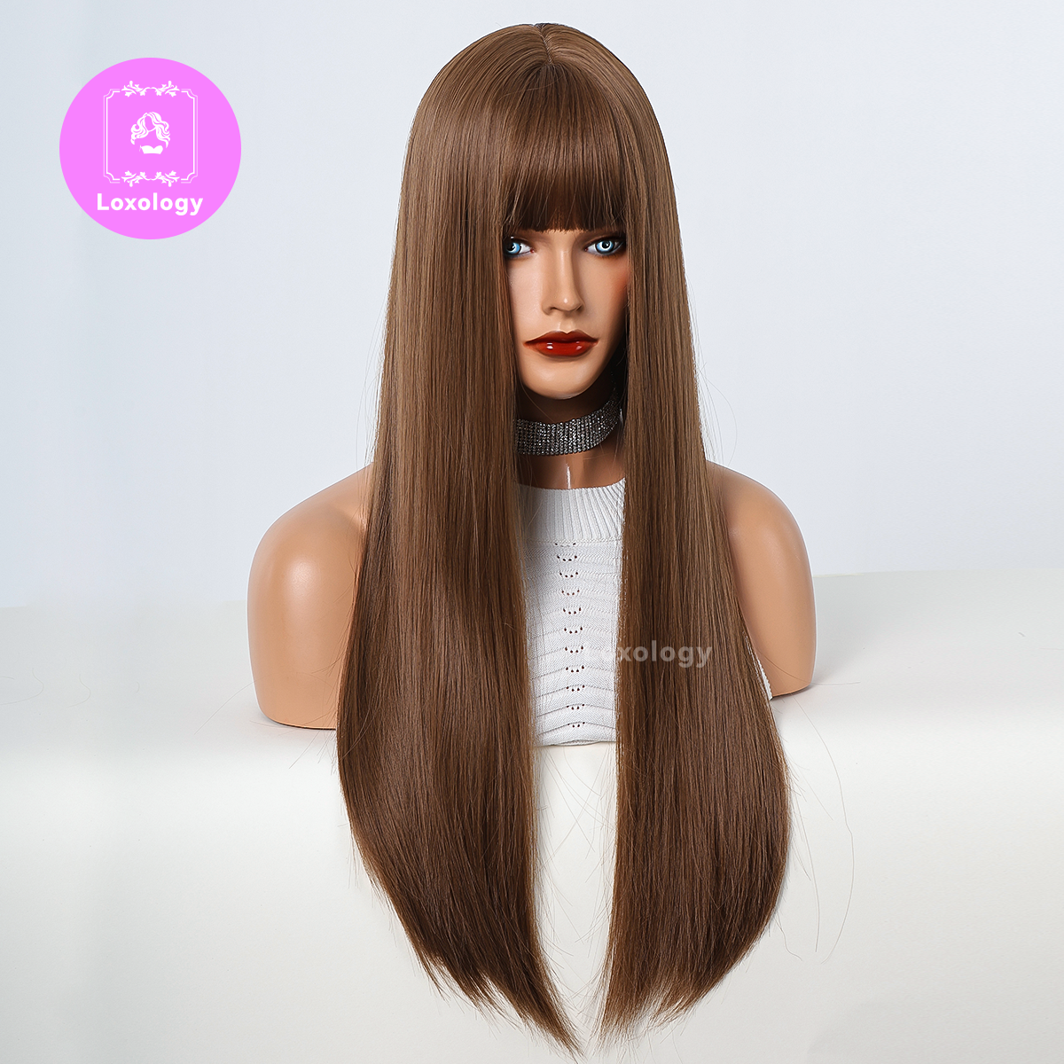 【TAria】Loxology | 26 Inch long straight wigs light brown with bangs wigs