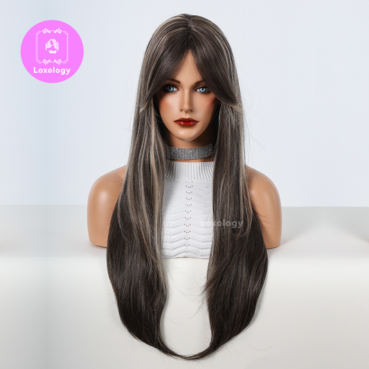 【Elena】Loxology | 24 Inches Long Straight Brown Wigs with Bangs Synthetic Wigs