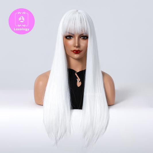 【Gemma】Loxology | 26 Inch Long Straight White Wigs with Bangs Synthetic Women Wig