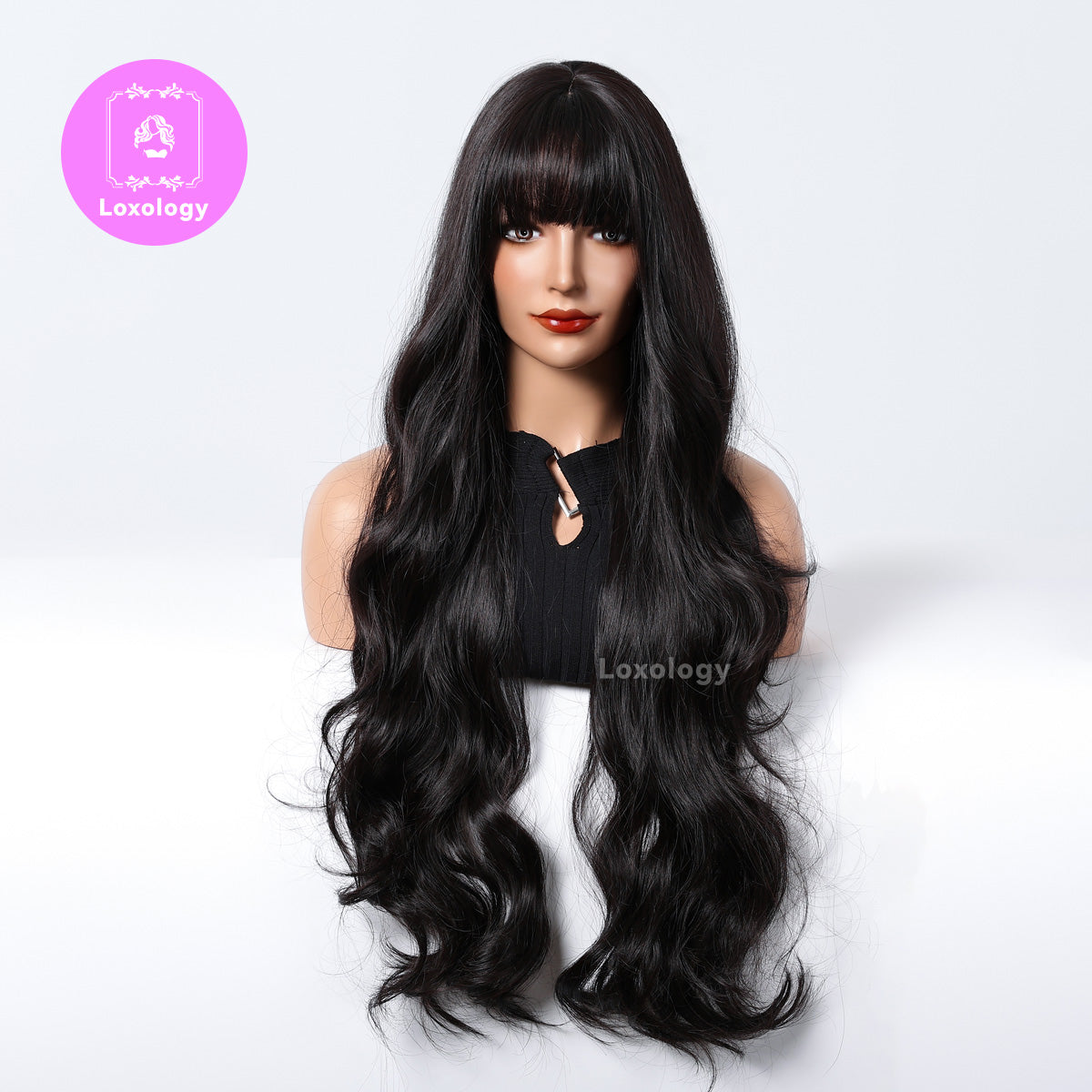 【Marlowe】Loxology | 32 Inches Long Curly Black Wigs with Bangs Synthetic Women's Wig