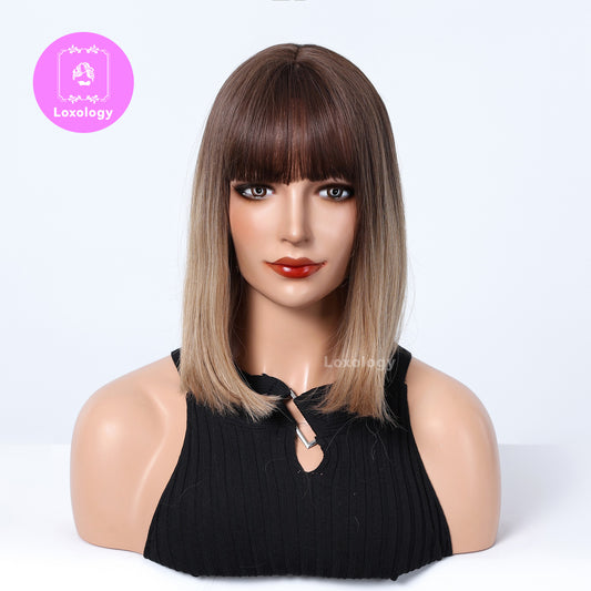 【Noelle】Loxology | Ombre Wigs 12 Inches Long Blonde Wigs with Black Roots Synthetic Wigs