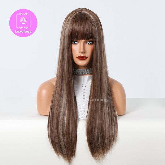 【Ruby】Loxology |26 long straight wigs brown blonde with bangs wigs