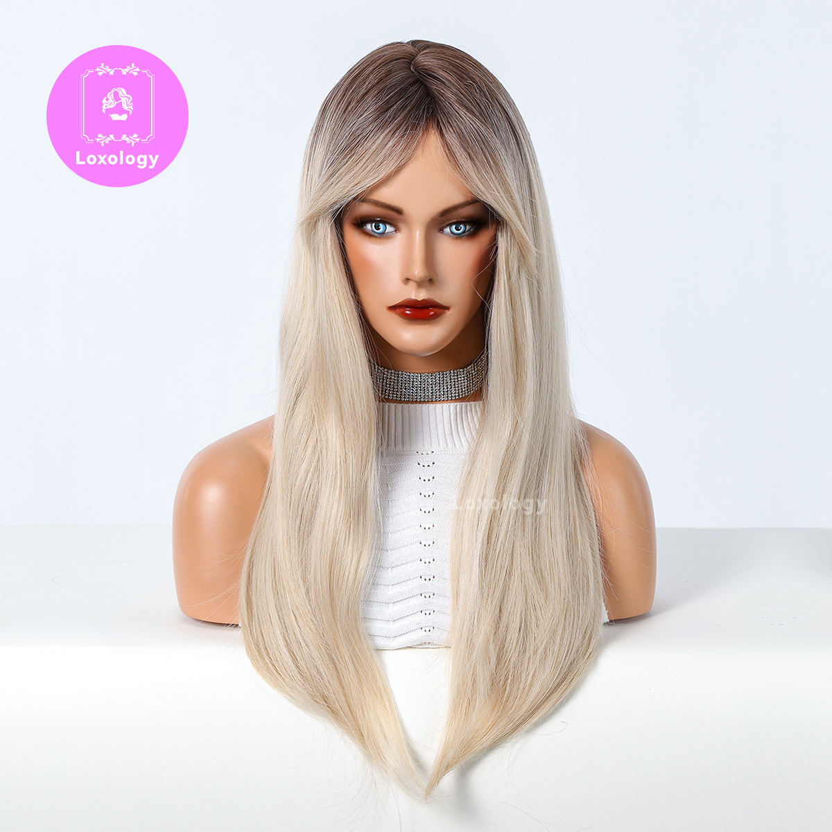 【Ella】Loxology | Long straight wigs black ombre white blonde with bangs wigs