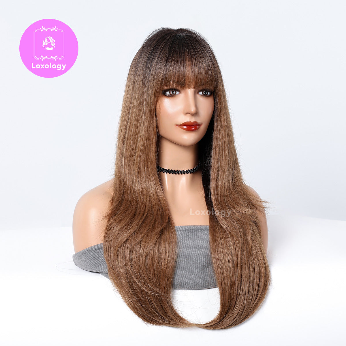 【Magnolia】Loxology | 26 Inch Long Curly Brown Wigs with Bangs Synthetic Wigs for Women