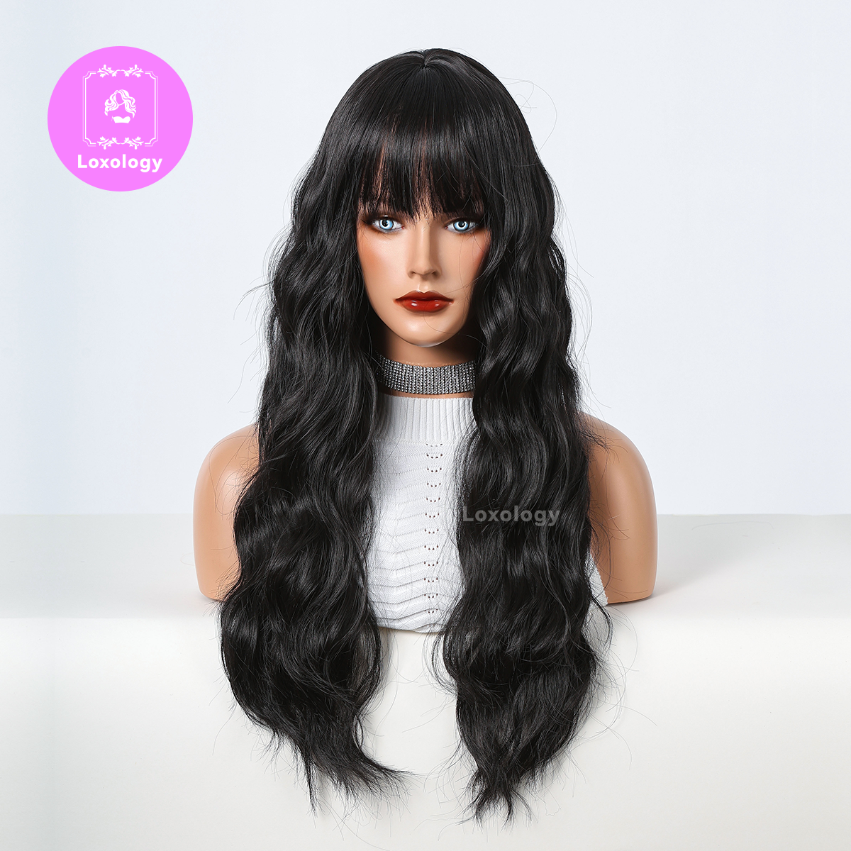 【Elsie】Loxology | 24 Inch long curly wigs black with bangs wigs