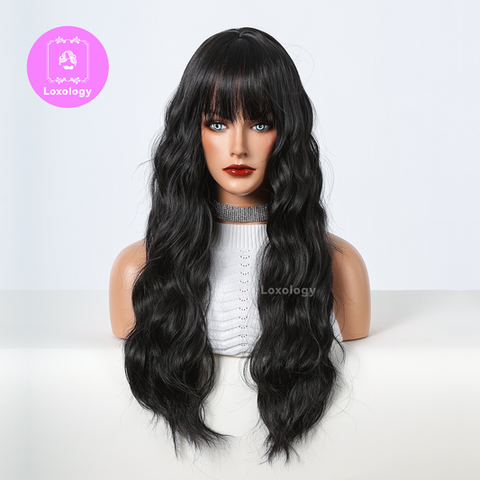 【Elsie】Loxology | 24 Inch long curly wigs black with bangs wigs