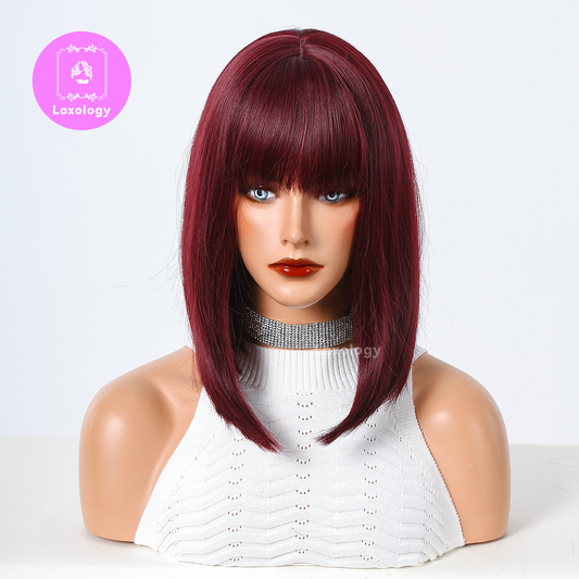 【Taylor】Loxology | 14 Inches Long Straight Wine Red Wigs Bangs Synthetic Wigs