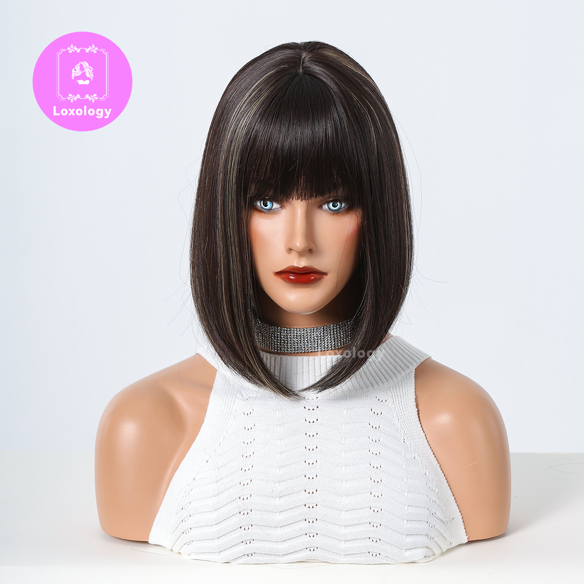 【Remy】Loxology | 14 Inches Blonde black Short Straight and Blonde Highlight Bobo Wigs with Bangs Synthetic Wigs