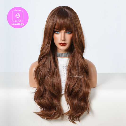 【TAmelia】Loxology | 28 Inch long curly wigs black ombre auburn with bangs wigs