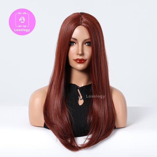 【Mabel】Loxology | 18 Inch Long Straight Orange Wigs with Bangs Synthetic Women's Wigs