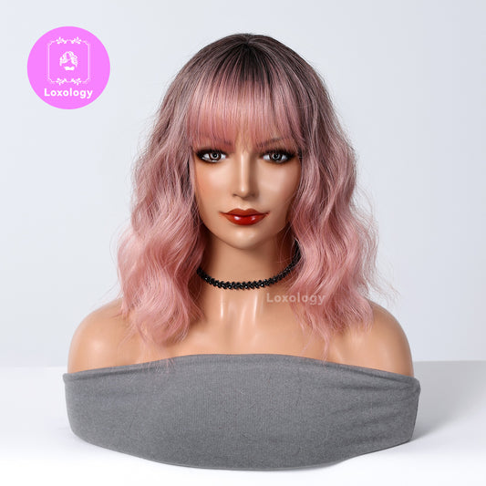 【Everly】Loxology | 14 Inches natural Wavy Bob Short Hair ombre pink Fashion Wig