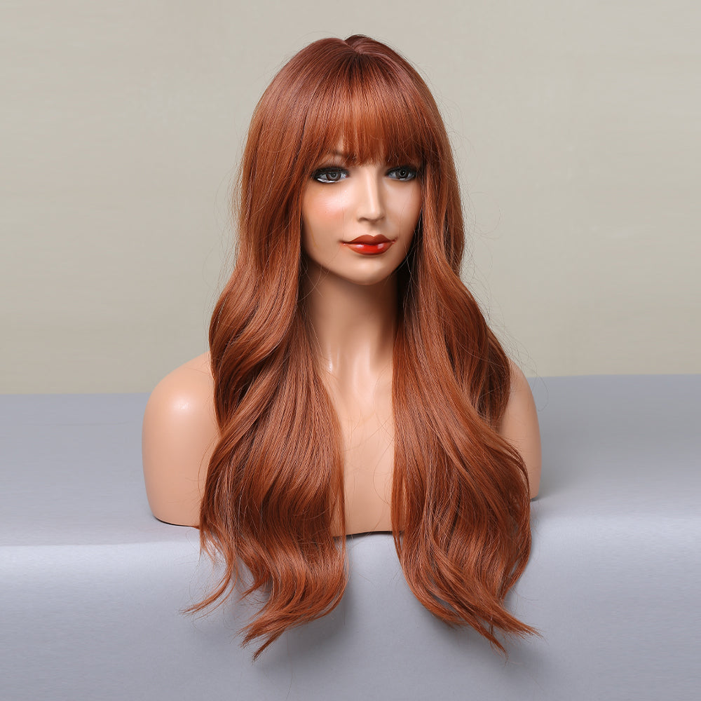 【Gwyneth】Loxology | 22 Inches Long Curly Brown Wigs with Bangs Synthetic Wigs Women's Wigs for Daily Use