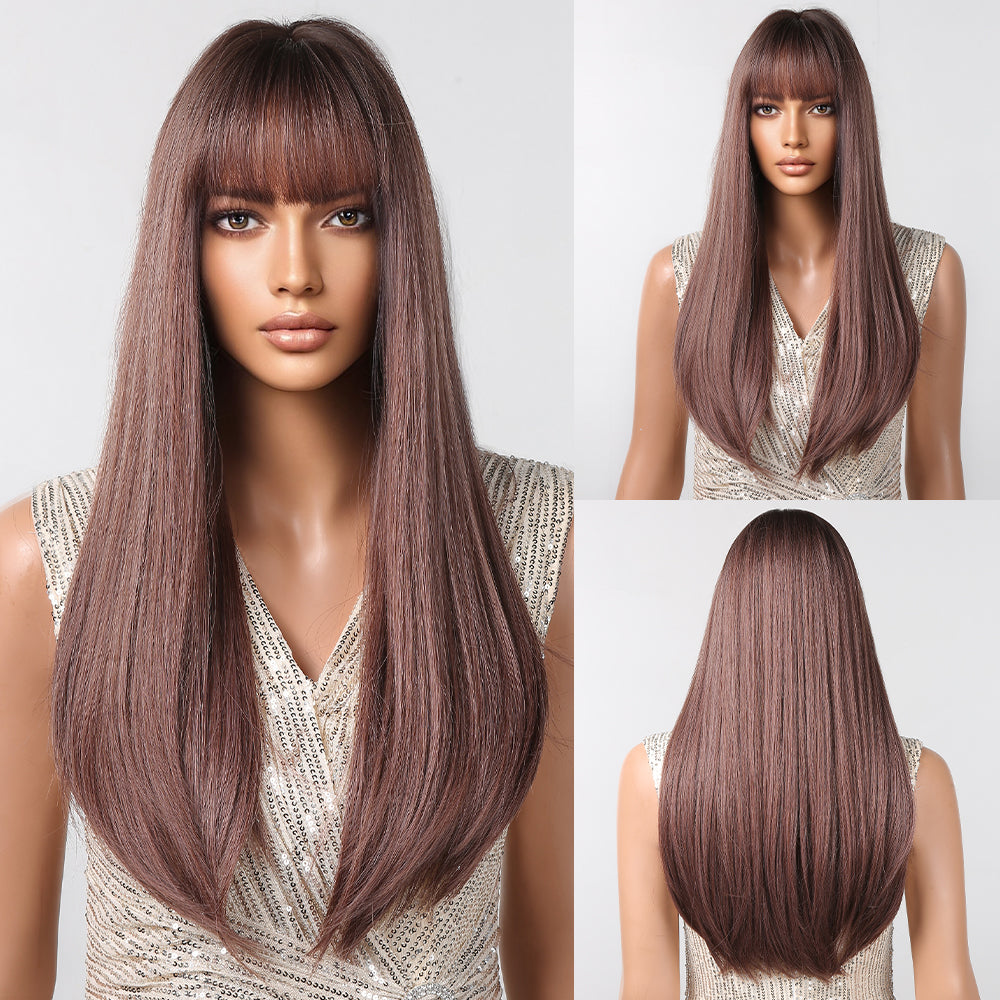 【Isabeau】Loxology | 28 Inch long straight wigs light brown wigs with bangs wigs