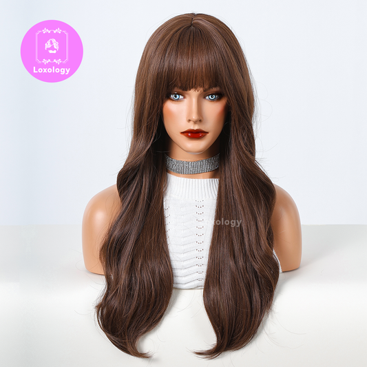 【Stella】Loxology | 24 Inch long curly wigs brown with bangs wigs