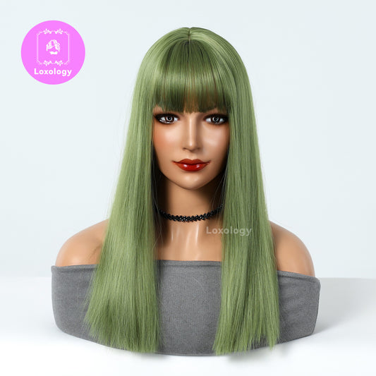 【Poppy】Loxology | Long straight green wigs with bangs wigs for women for daily party