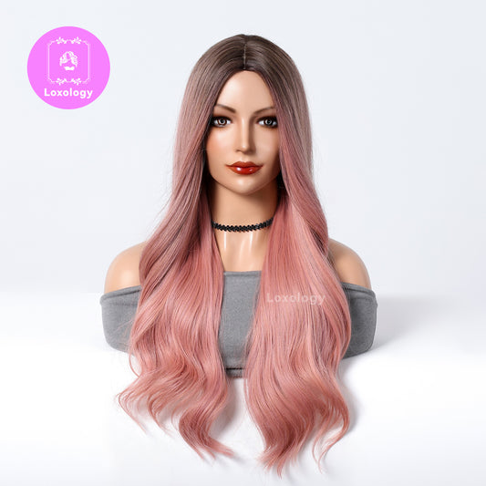 【Isadora】Loxology | Long curly wigs black ombre pink with middle bangs wigs for women