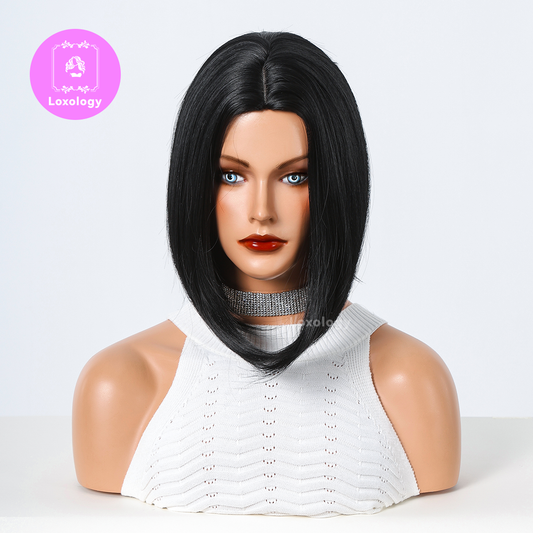 【Thea】Loxology | 14 Inches Long Straight Black Synthetic Wigs