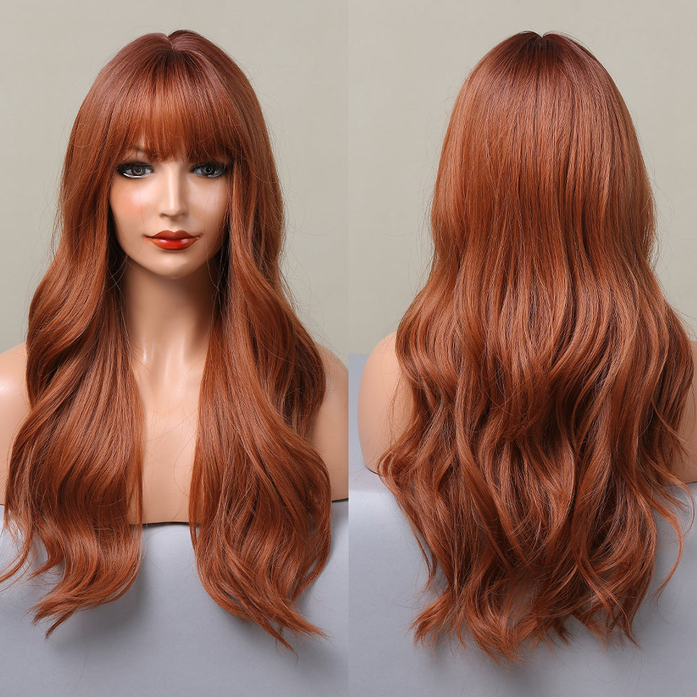 【Gwyneth】Loxology | 22 Inches Long Curly Brown Wigs with Bangs Synthetic Wigs Women's Wigs for Daily Use