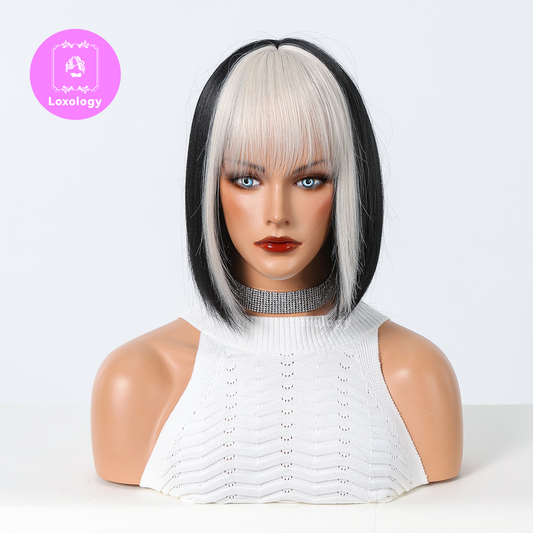 【Paisley】Loxology | 14 Inch Long Straight Black Wigs with White Bangs Synthetic Wigs