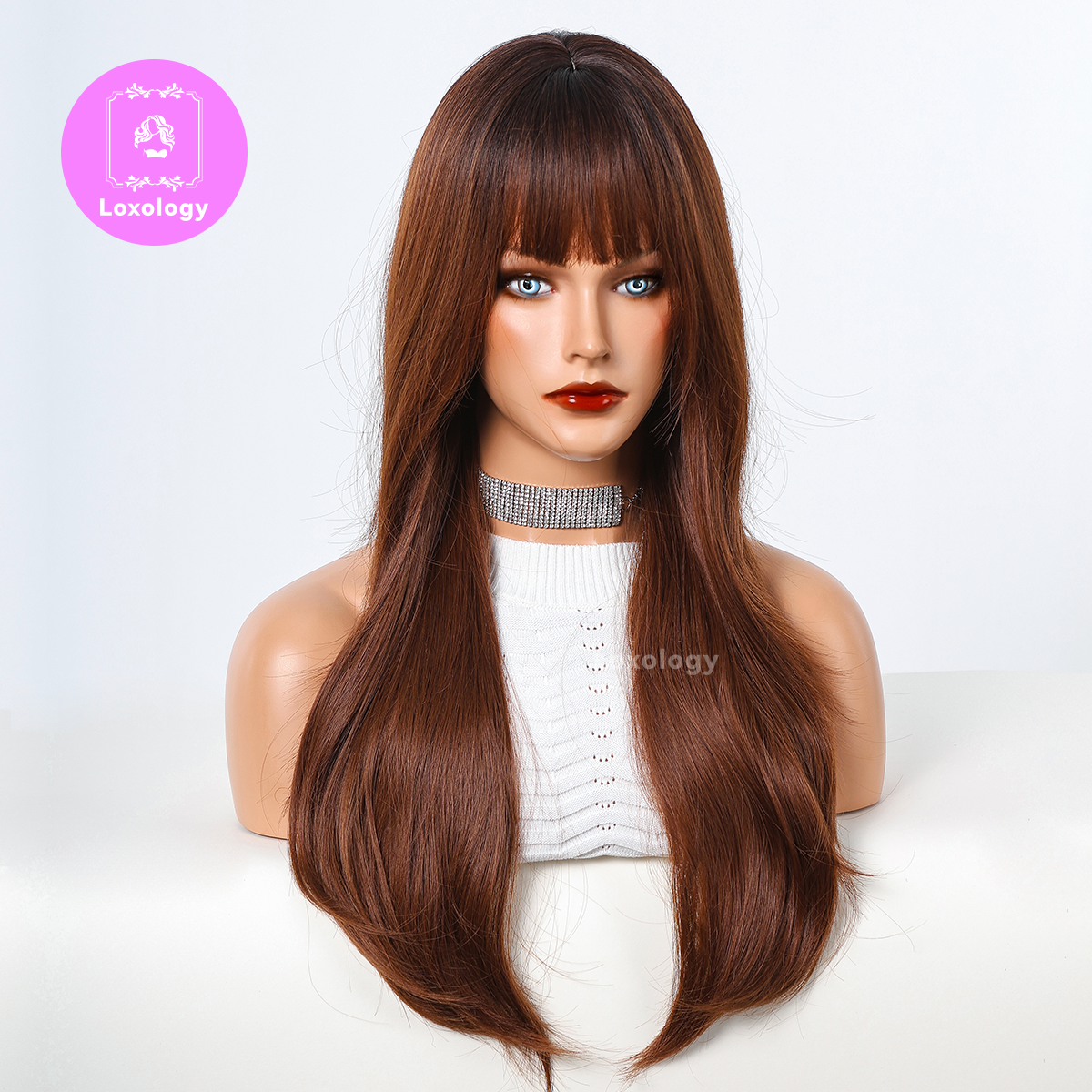 【Brielle】Loxology | 24 Inches Long Curly Brown Wigs with Bangs Synthetic Wigs