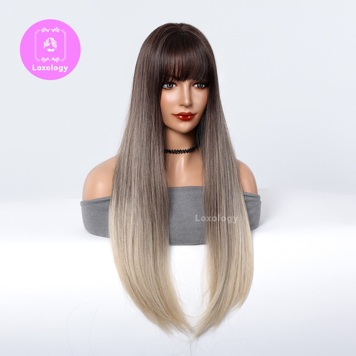 【Elise】Loxology | 26inch Long straight wigs black ombre blonde with bangs wig