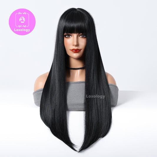 【Grace】Loxology | 26 inch long straight black wigs with bangs wigs