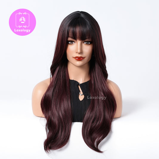 【Indira】Loxology | 26 Inches Long Curly Wine Red Wigs with Bangs Synthetic Wigs Womenn