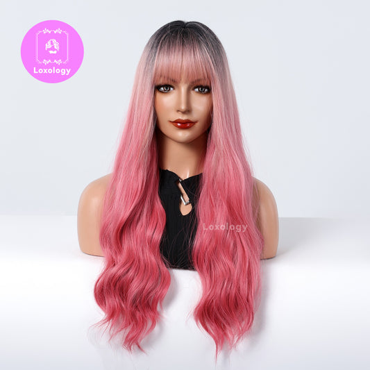 【Rowan】Loxology | 26 Inch Curly Pink Wigs with Bangs and Black Roots Synthetic Wigs