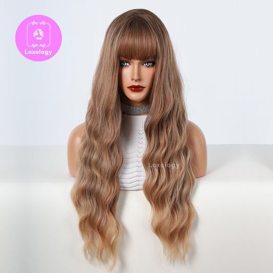 【Layla】Loxology | 30 Inch Long Curly Brown Ombre Blonde Wigs with Bangs Synthetic Wigs