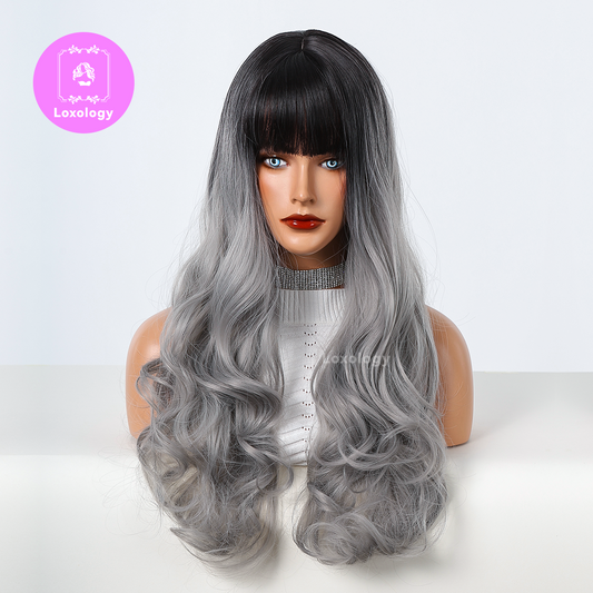 【Odette】Loxology | 28 Inch Brown Ombre Gray Long Wavy Wigs