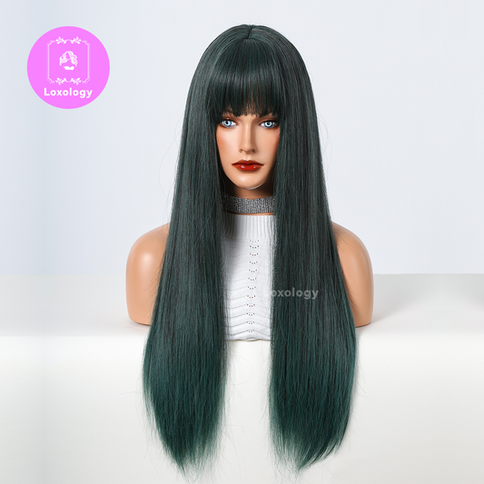 【Flora】Loxology | 28 inch long straight dark green synthetic wig women's wig with bangs