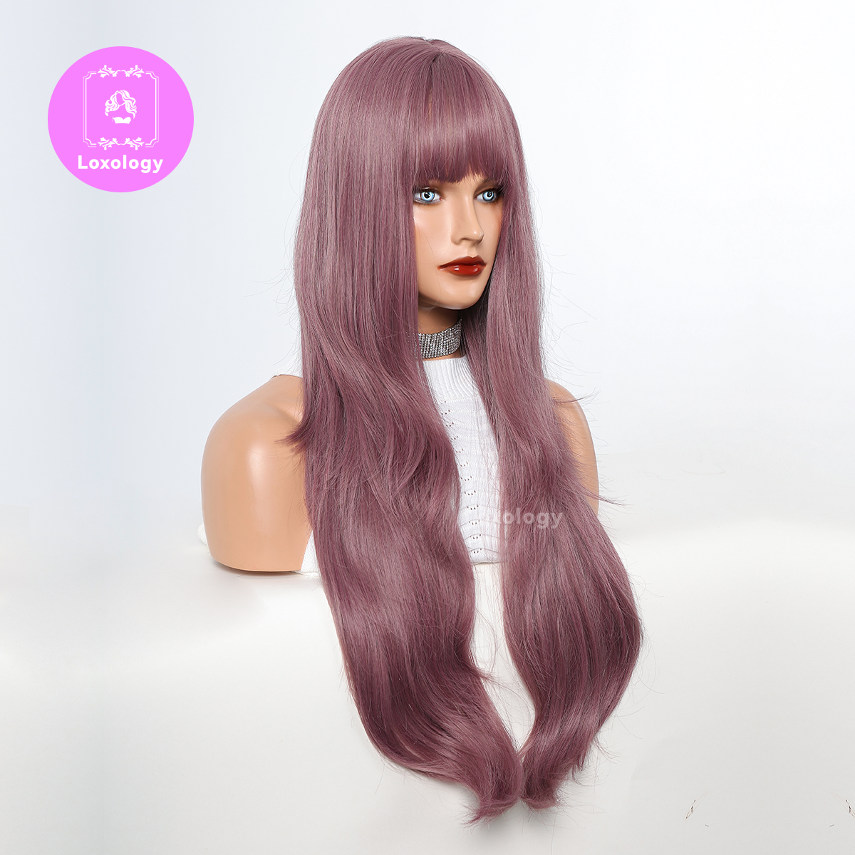 【Dahlia】Loxology | 28 Inch Long Wavy Curly Purple Wigs with Bangs Synthetic Wigs