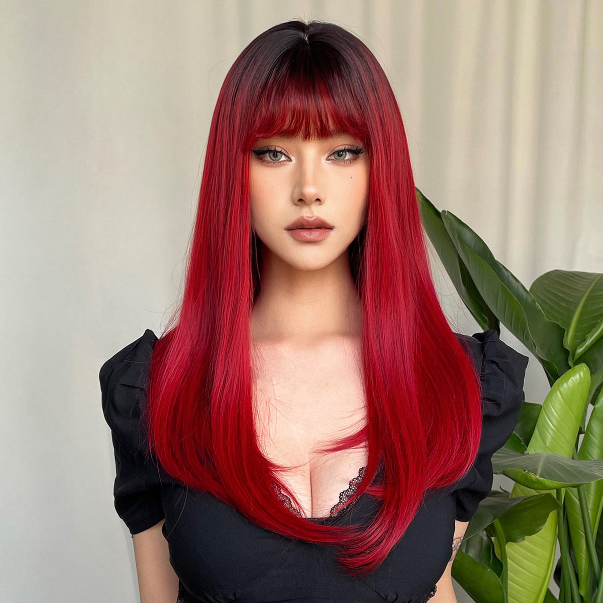 【Persephone】Loxology | 22 Inch red Long straight wigs with bangs wigs for Daily