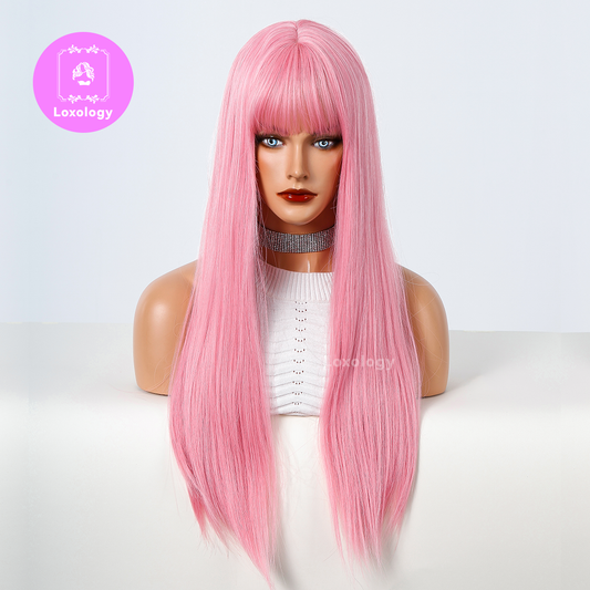 【Quiin】Loxology | 26 Inch long straight wigs pink with bangs wigs